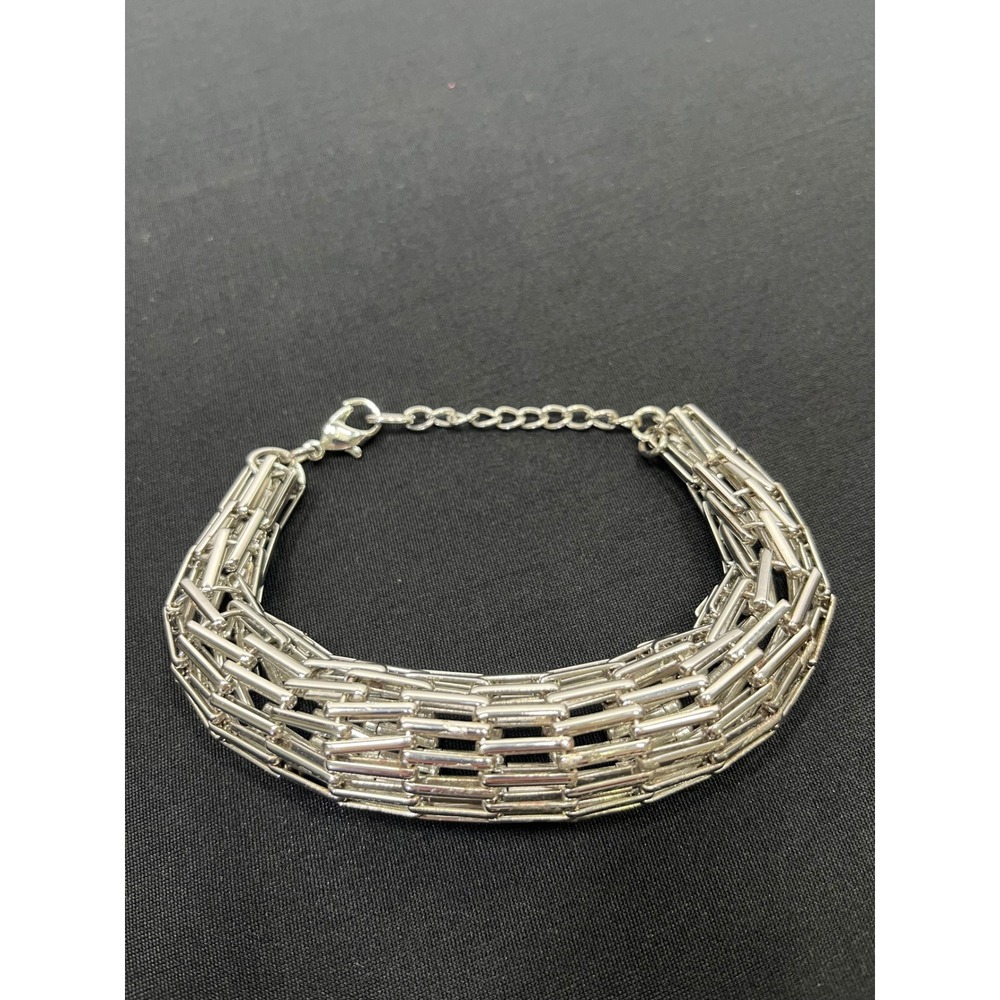 Silver Tone Woven Bar Link Multi Strand Statement Bracelet Adjustable Clasp